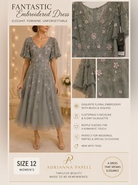 Adrianna Papell Dusty Sage Embroidered V‑Neck Midi Dress